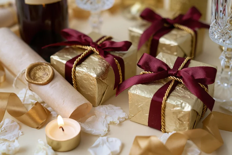 Gold gift boxes with burgundy ribbons and twisted gold twine on a decorated table with a lit candle and wax-sealed scroll