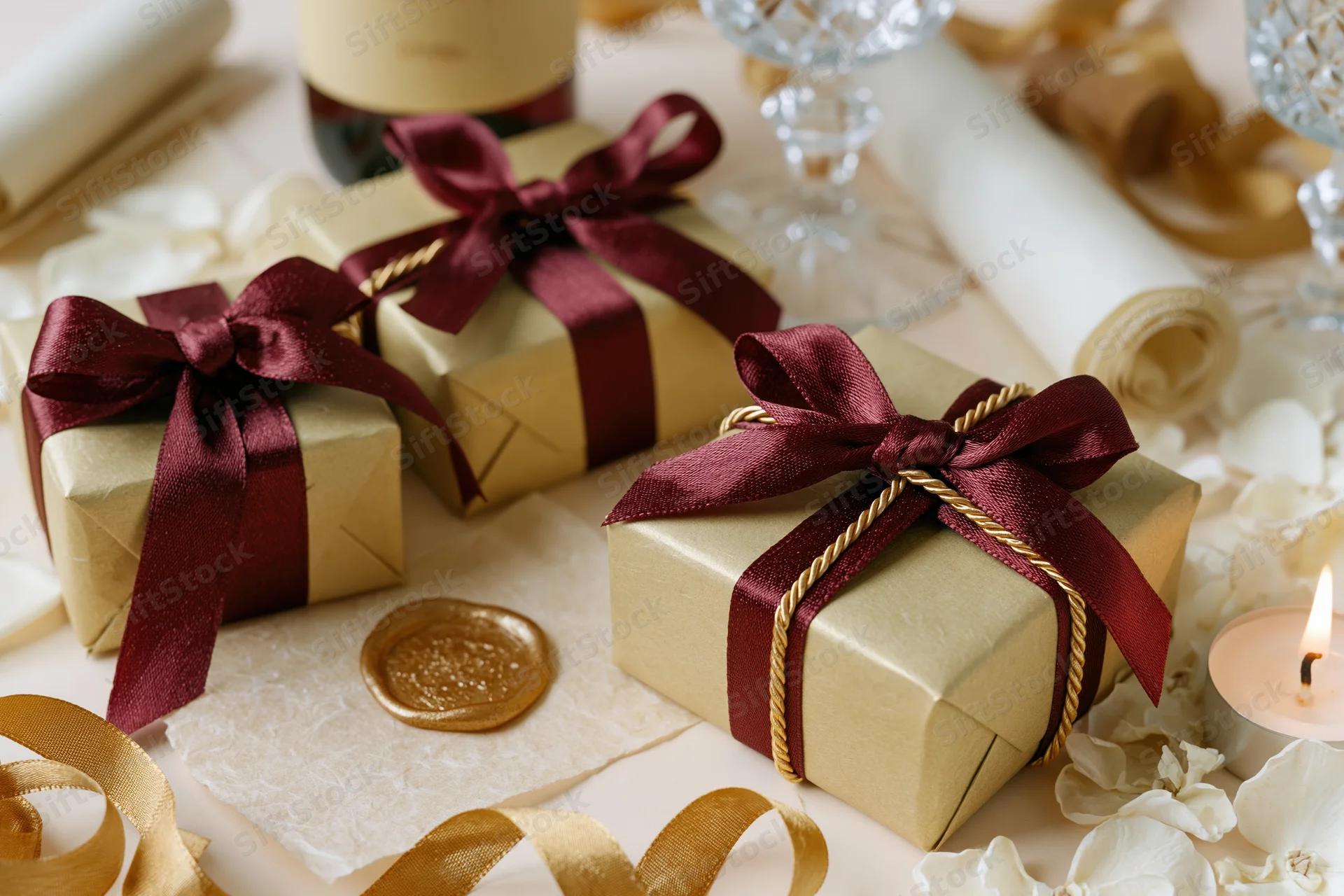 Gold gift boxes tied with burgundy ribbon and twisted gold twine on a decorated table with wax seal, candle, and flower petals