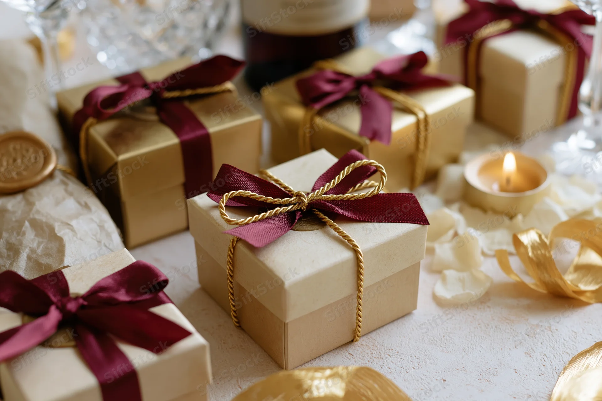 Gold gift boxes with burgundy ribbons and twisted gold string arranged on a table with candles and rose petals
