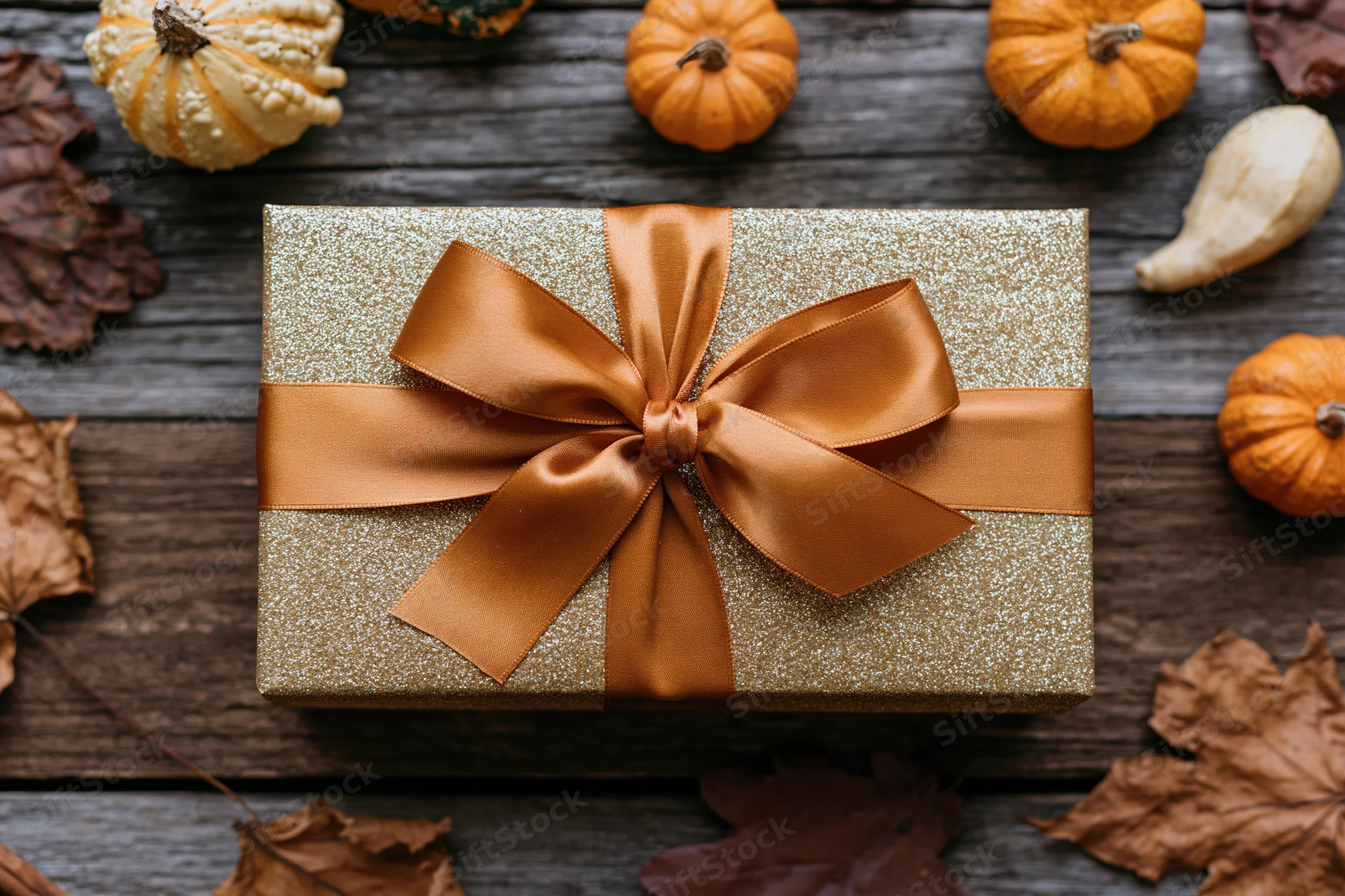 Gold glitter gift box with orange satin bow on wooden surface surrounded by pumpkins and autumn leaves