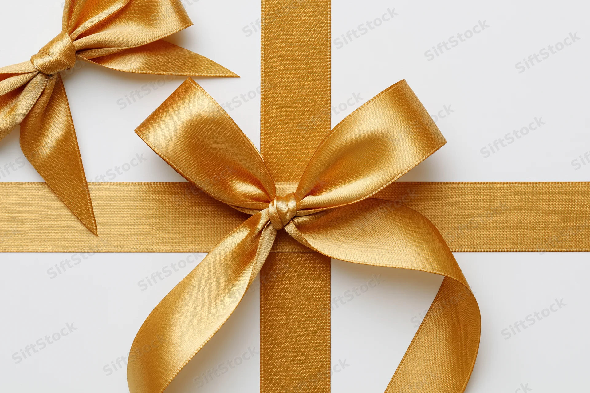 Gold satin ribbon tied in bows crossing horizontally and vertically on white background