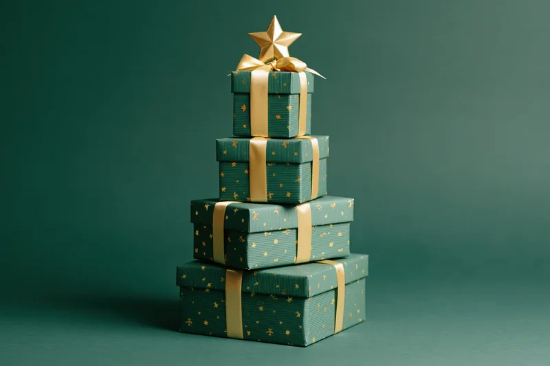 Stacked green gift boxes with gold ribbons and star topper arranged in pyramid shape on dark green background