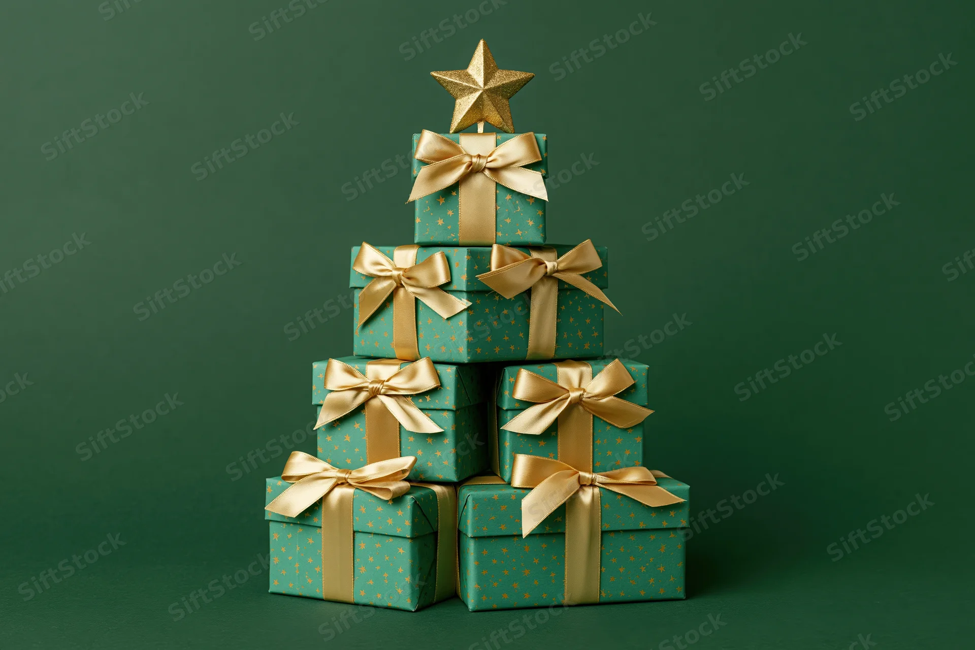Green gift boxes with gold ribbons stacked in pyramid shape against dark green background