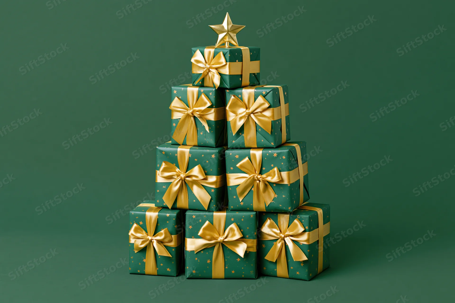 Green gift boxes with gold ribbons stacked in a pyramid against a green background