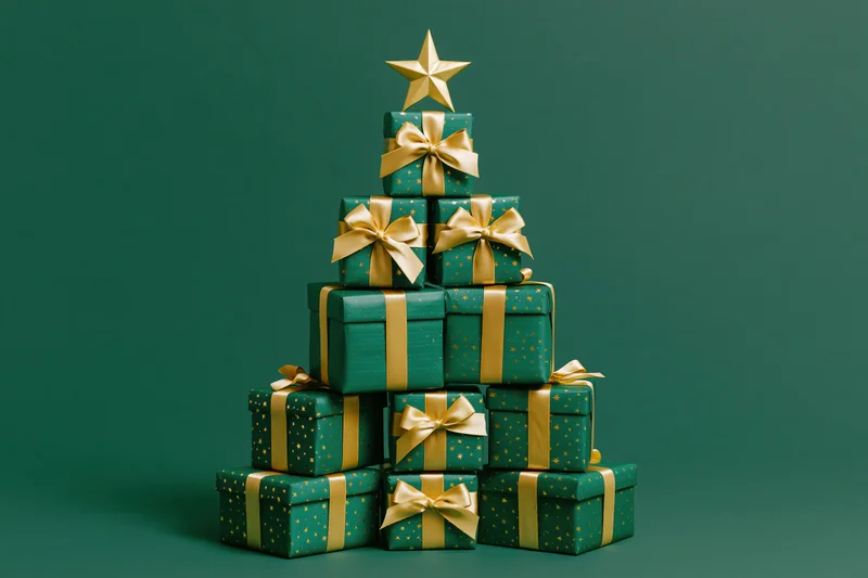 Green gift boxes with gold ribbons stacked in a pyramid shape against a solid green background