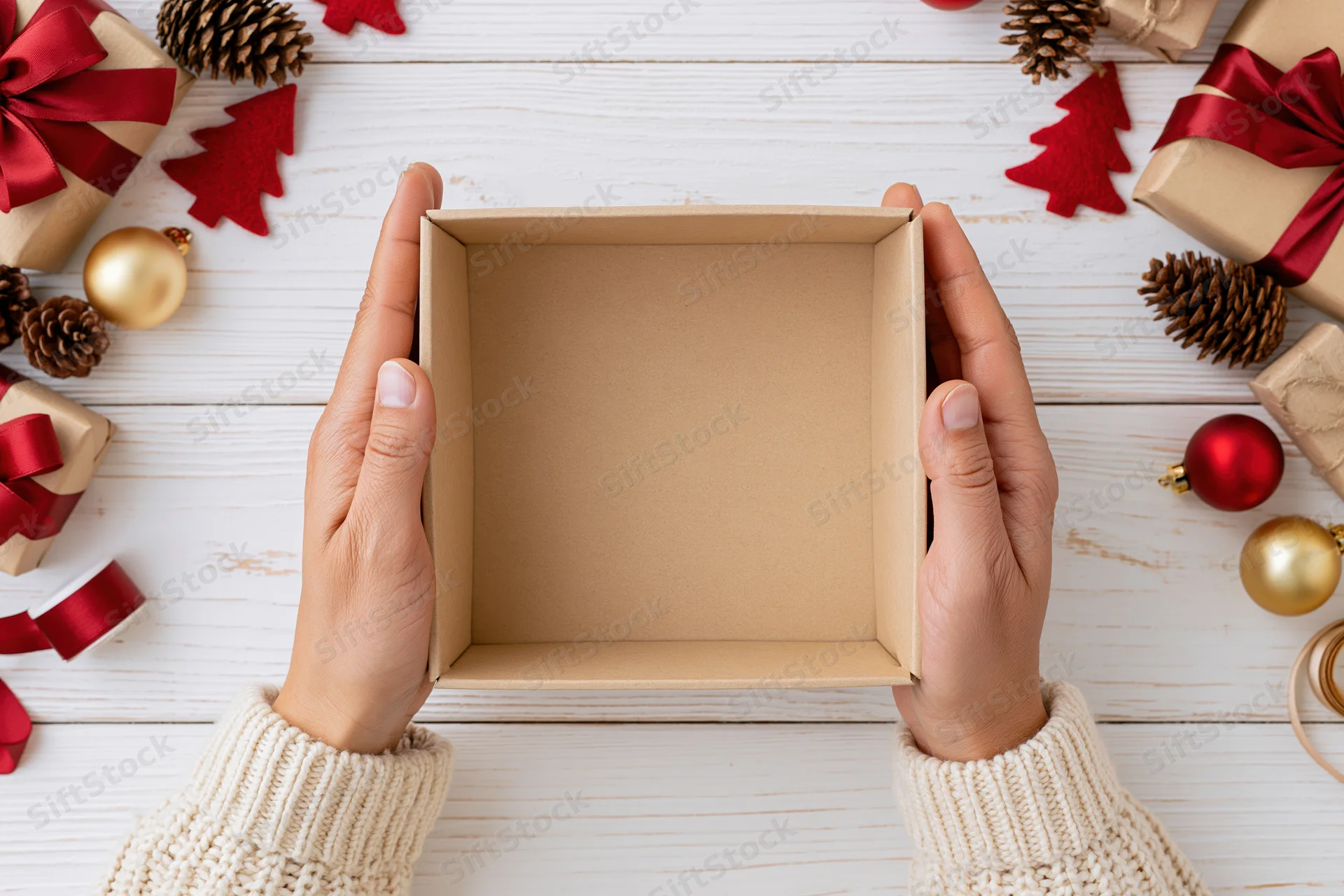 Hands holding open empty kraft gift box on white wooden surface surrounded by christmas decorations