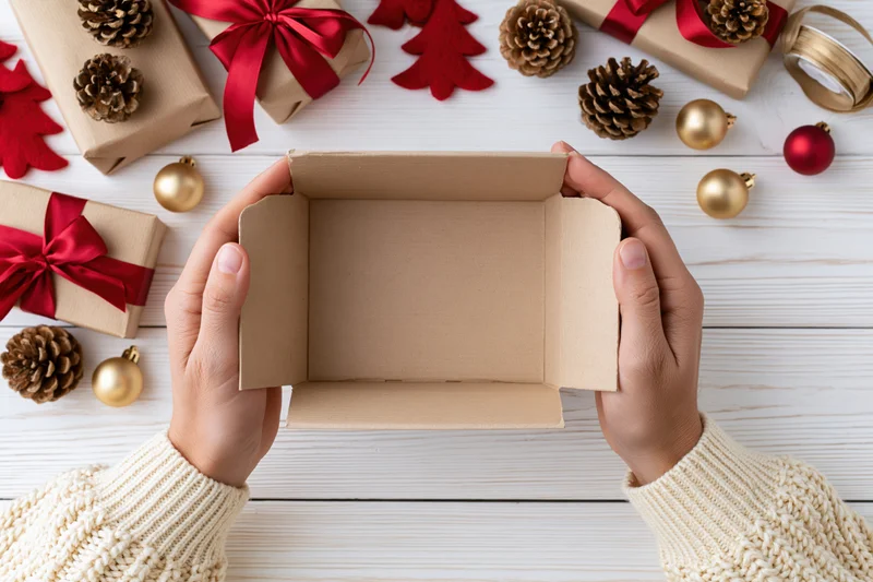 Hands holding open empty kraft gift box on white wooden table surrounded by christmas decorations