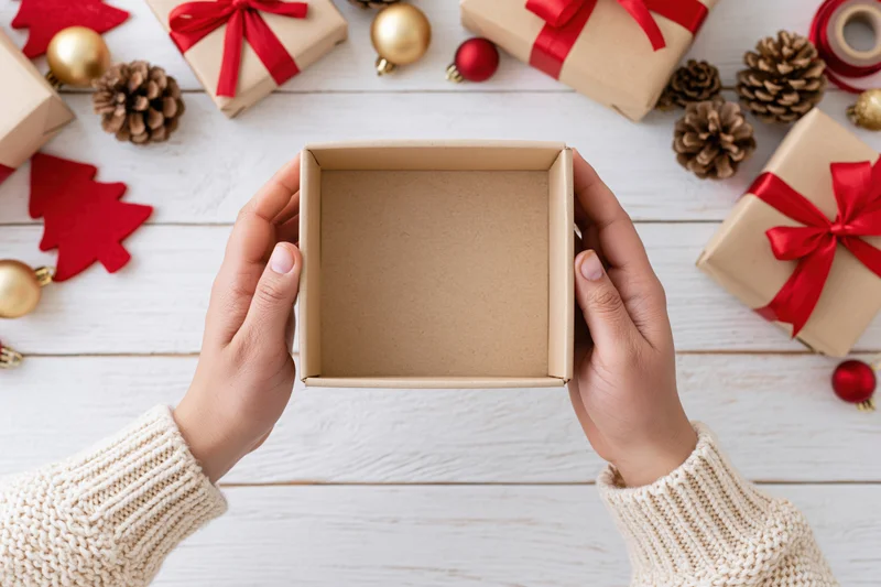 Hands holding open empty kraft gift box on white wooden surface surrounded by wrapped presents and christmas decorations