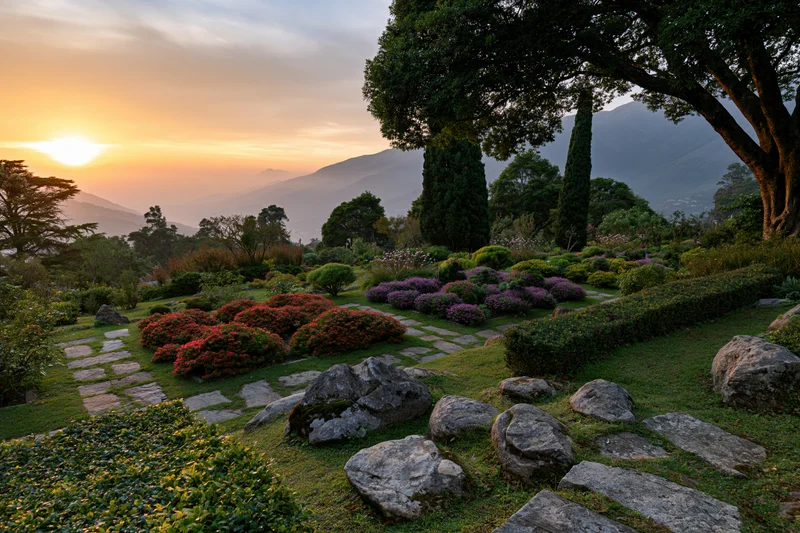 Wide landscape view of a hillside botanical garden at sunrise with flowering shrubs, stone pathways, and distant mountains
