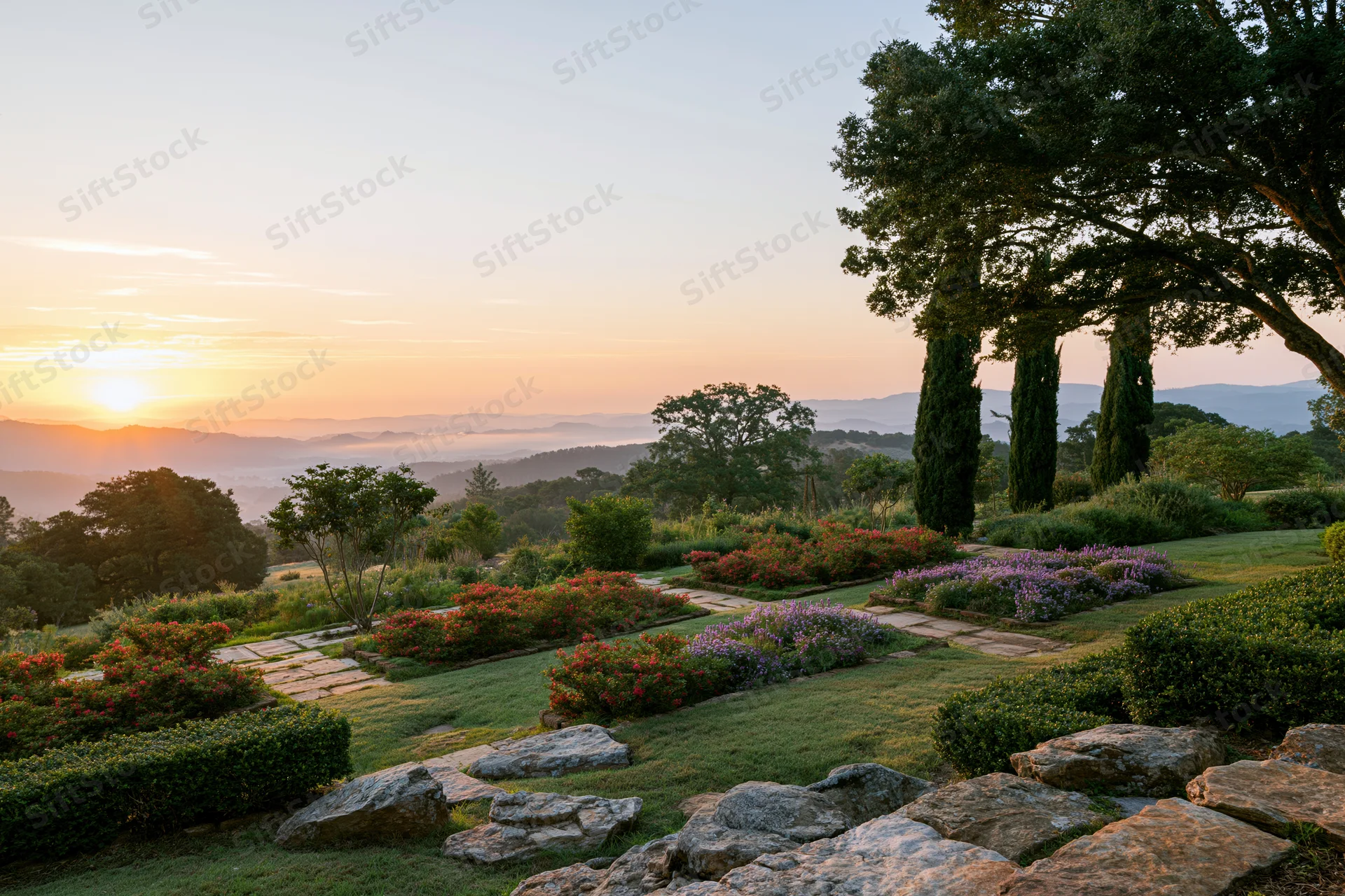 Wide view of a hillside botanical garden at sunrise with stone pathways and flowering plants