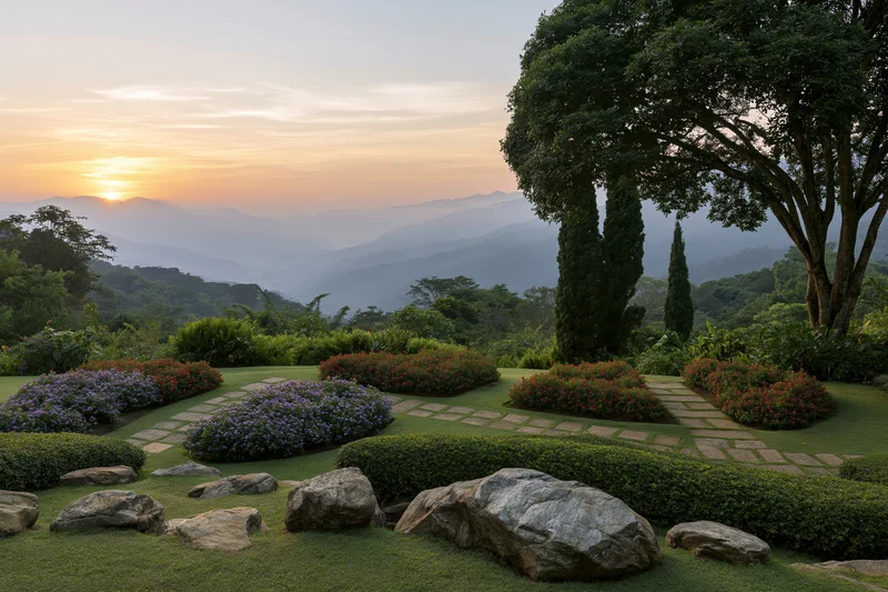 Wide view of a hillside botanical garden at sunrise with manicured lawns, flowering shrubs, stone paths, and distant mountains under a soft dawn sky