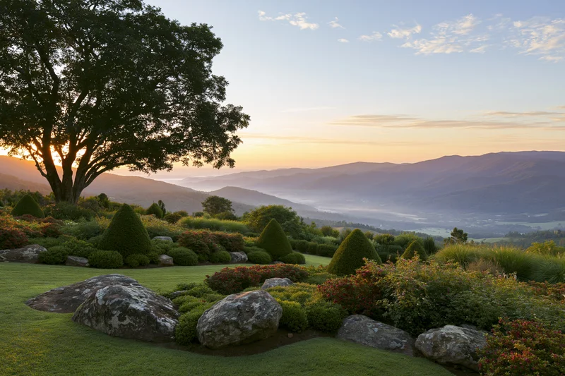 Ornamental garden on a hillside at sunrise with topiary, rocks and distant mountains