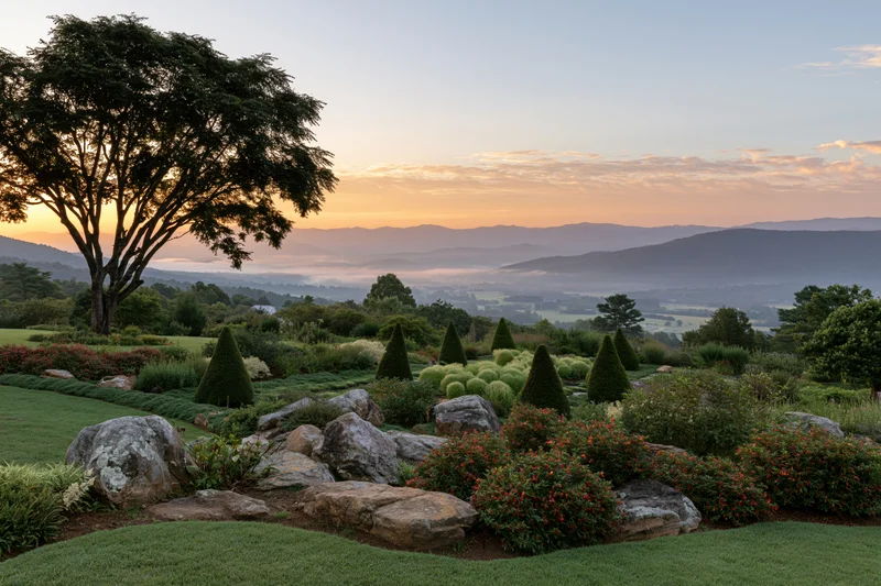 Wide view of an ornamental garden on a hillside at sunrise with trees, shrubs, rocks and distant mountains under a soft sky