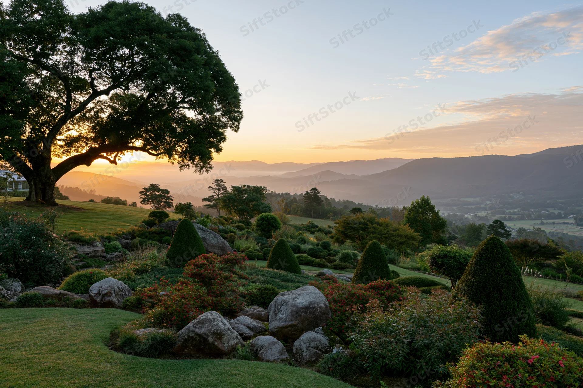 Wide view of an ornamental garden on a hillside at sunrise with trees, shrubs, rocks and distant mountains
