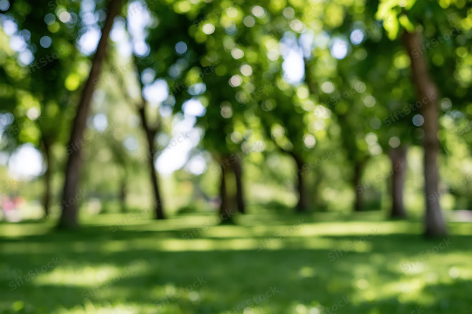 Blurred park scene with green lawn and trees in soft focus under sunlight