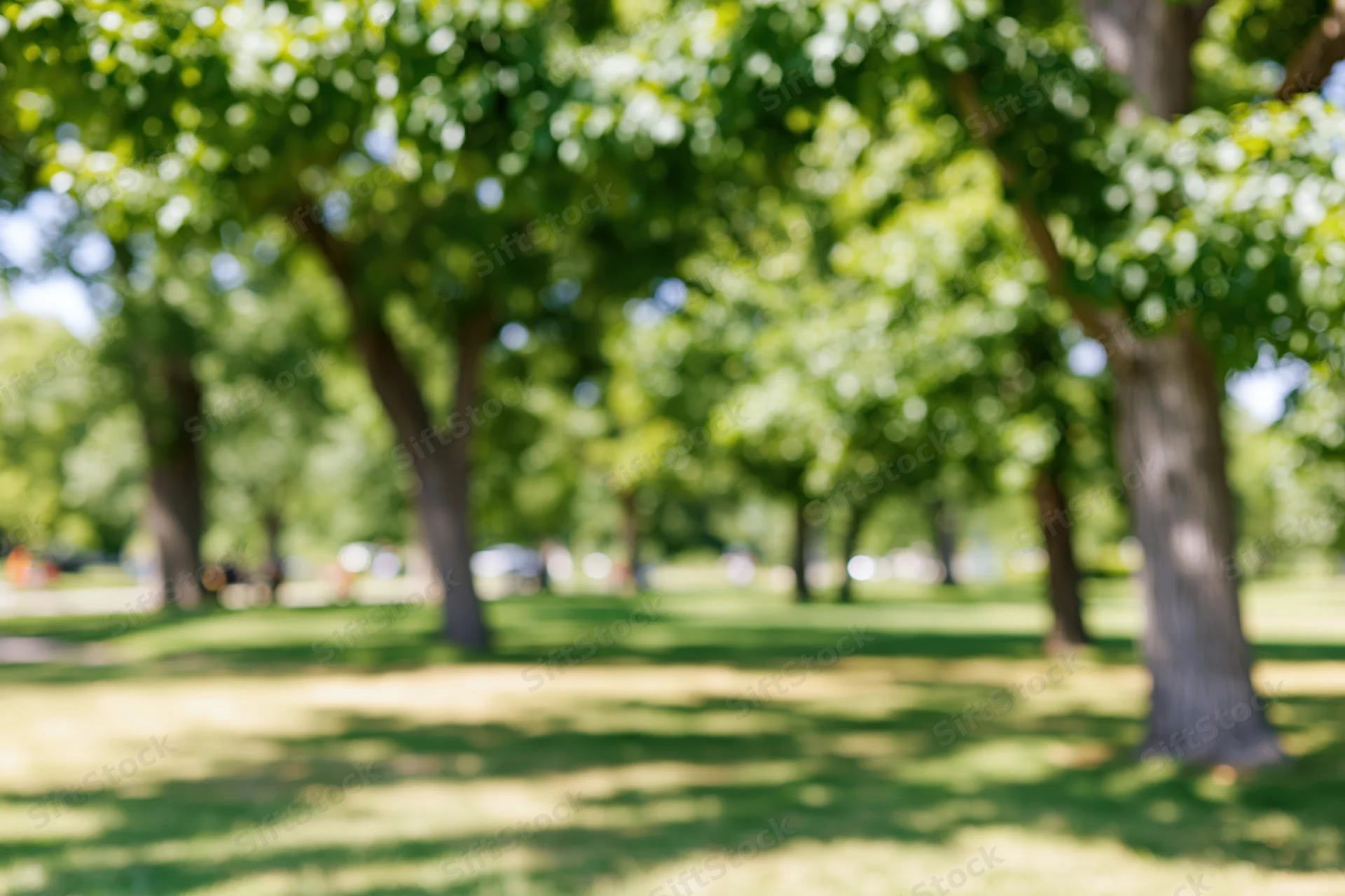 Blurred park scene with trees and grassy lawn under sunlight
