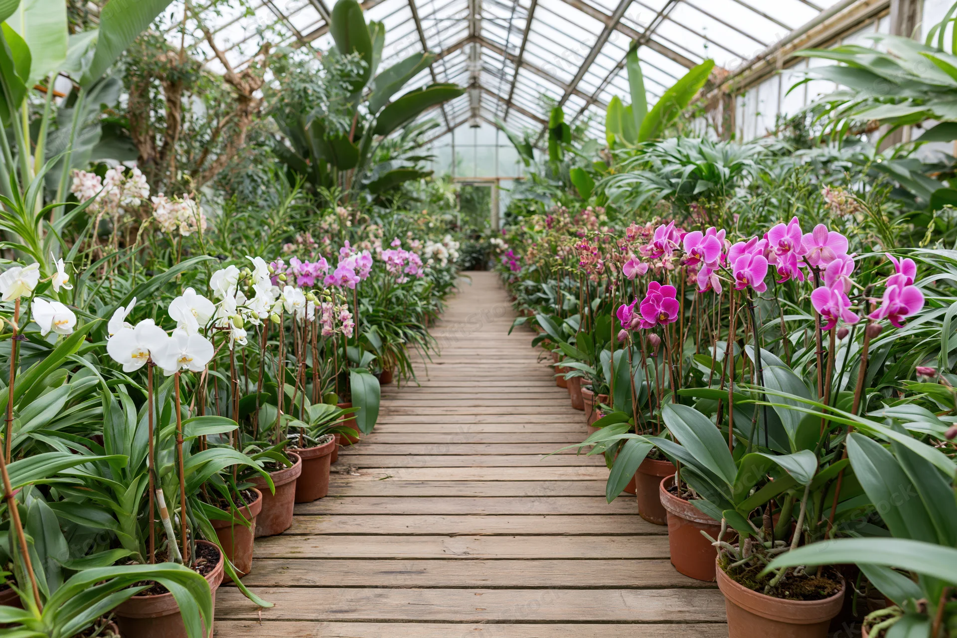 Wooden walkway lined with potted orchids in a greenhouse interior