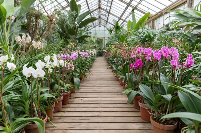 Wooden walkway lined with potted orchids in a greenhouse interior