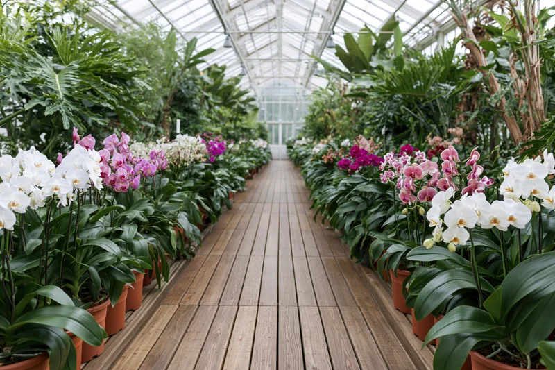 Rows of potted orchids lining a wooden walkway in a greenhouse interior