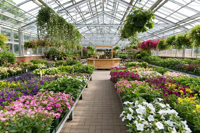 Rows of colorful flowering plants arranged in a greenhouse nursery with a central brick pathway