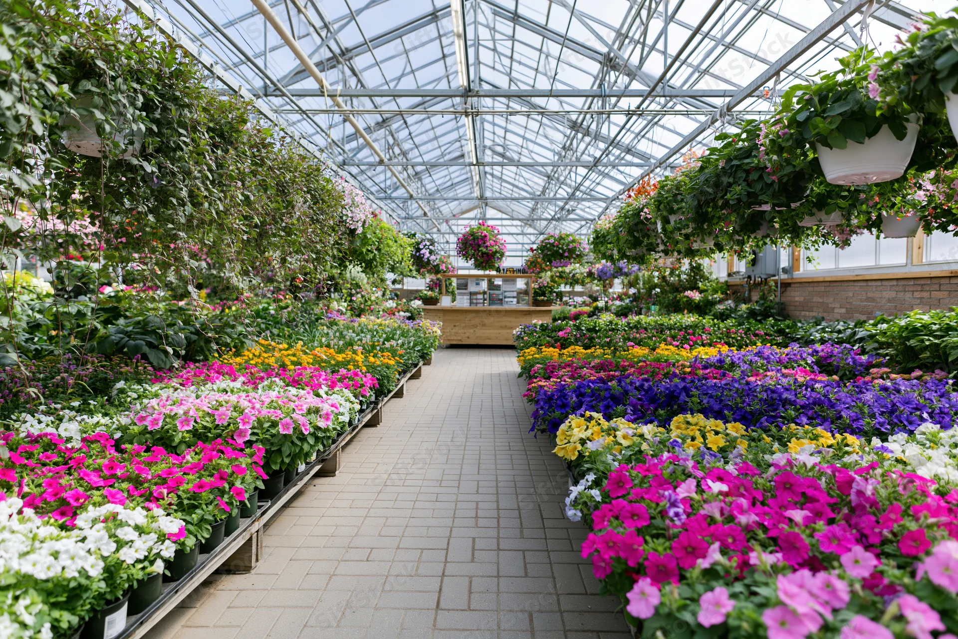 Rows of blooming petunias and hanging baskets in a greenhouse garden center interior