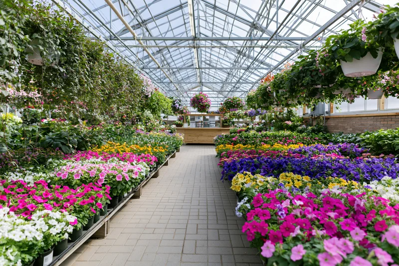 Rows of blooming petunias and hanging baskets in a greenhouse garden center interior