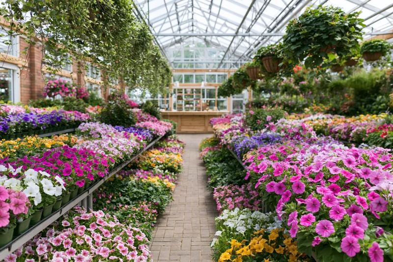 Rows of colorful petunias and other flowers in pots lining a brick path inside a greenhouse at a garden center