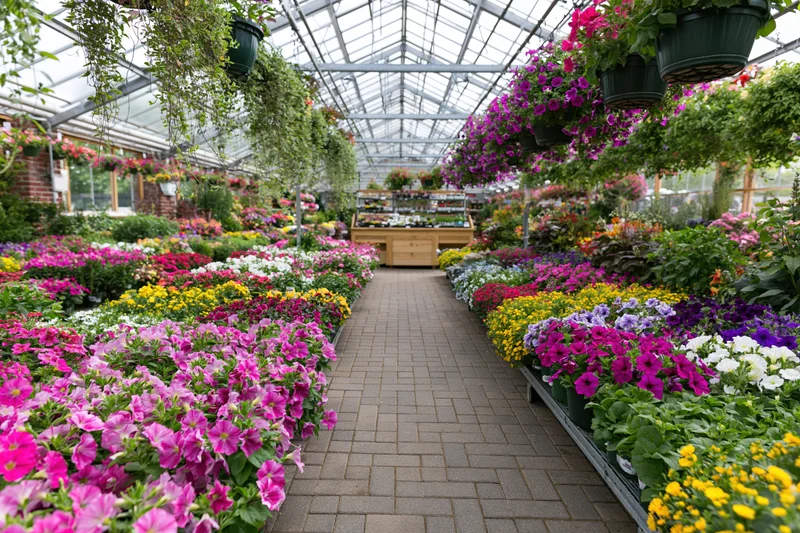 Rows of colorful flowers and hanging baskets in a greenhouse garden center pathway