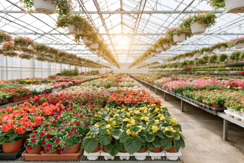 Rows of colorful flowering plants in pots arranged on trays and shelves inside a large commercial greenhouse with sunlight streaming through the glass roof