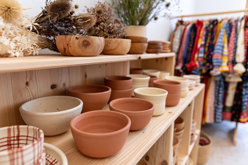 Handmade ceramic bowls arranged on wooden shelves in a boutique shop interior