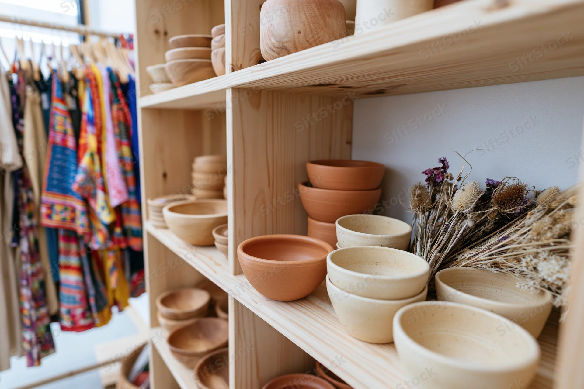 Handmade ceramic bowls arranged on wooden shelves in a boutique shop interior
