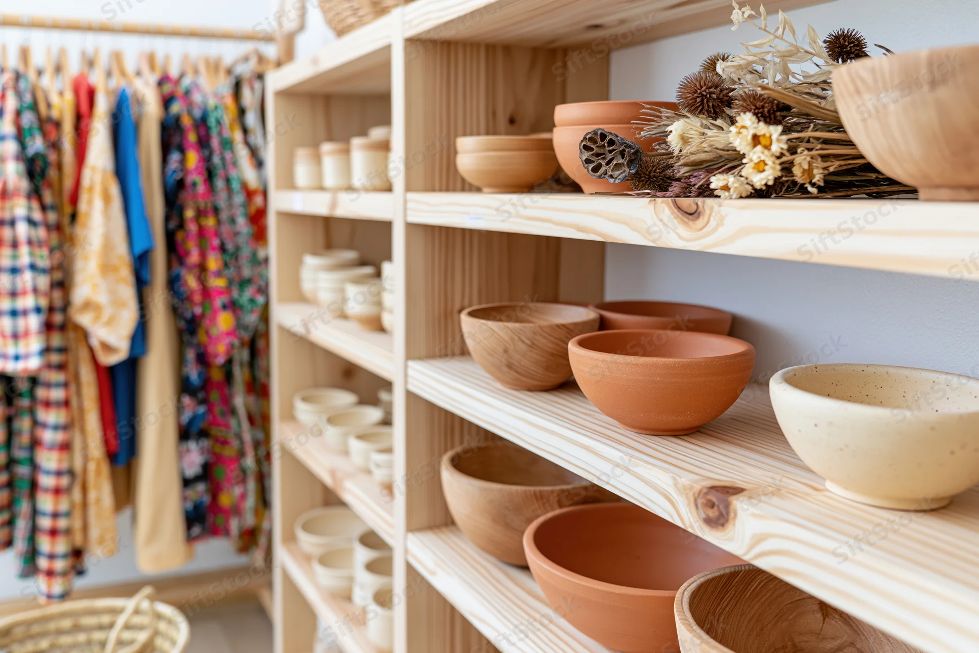 Handmade ceramic bowls and pottery displayed on wooden shelves in a boutique shop interior