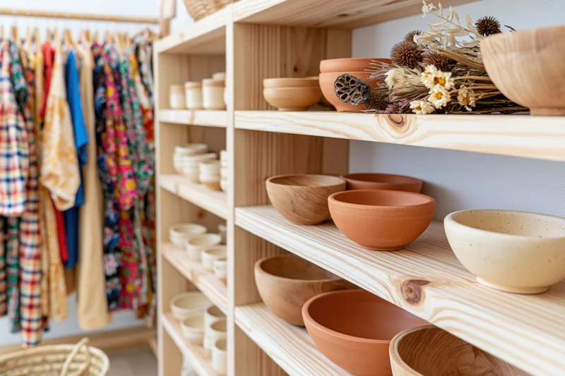 Handmade ceramic bowls and pottery displayed on wooden shelves in a boutique shop interior