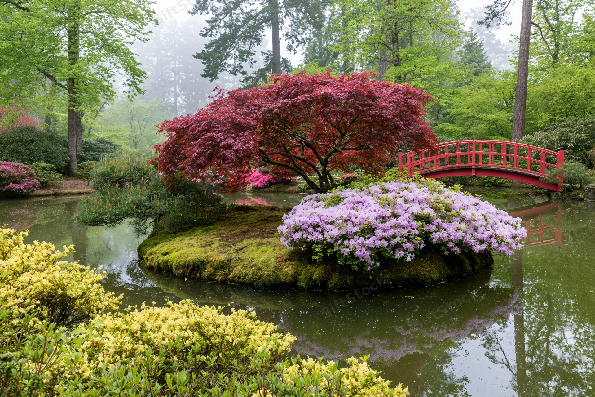 Moss-covered island with blooming azaleas and red maple in a Japanese garden pond, framed by a red arched bridge and surrounding greenery