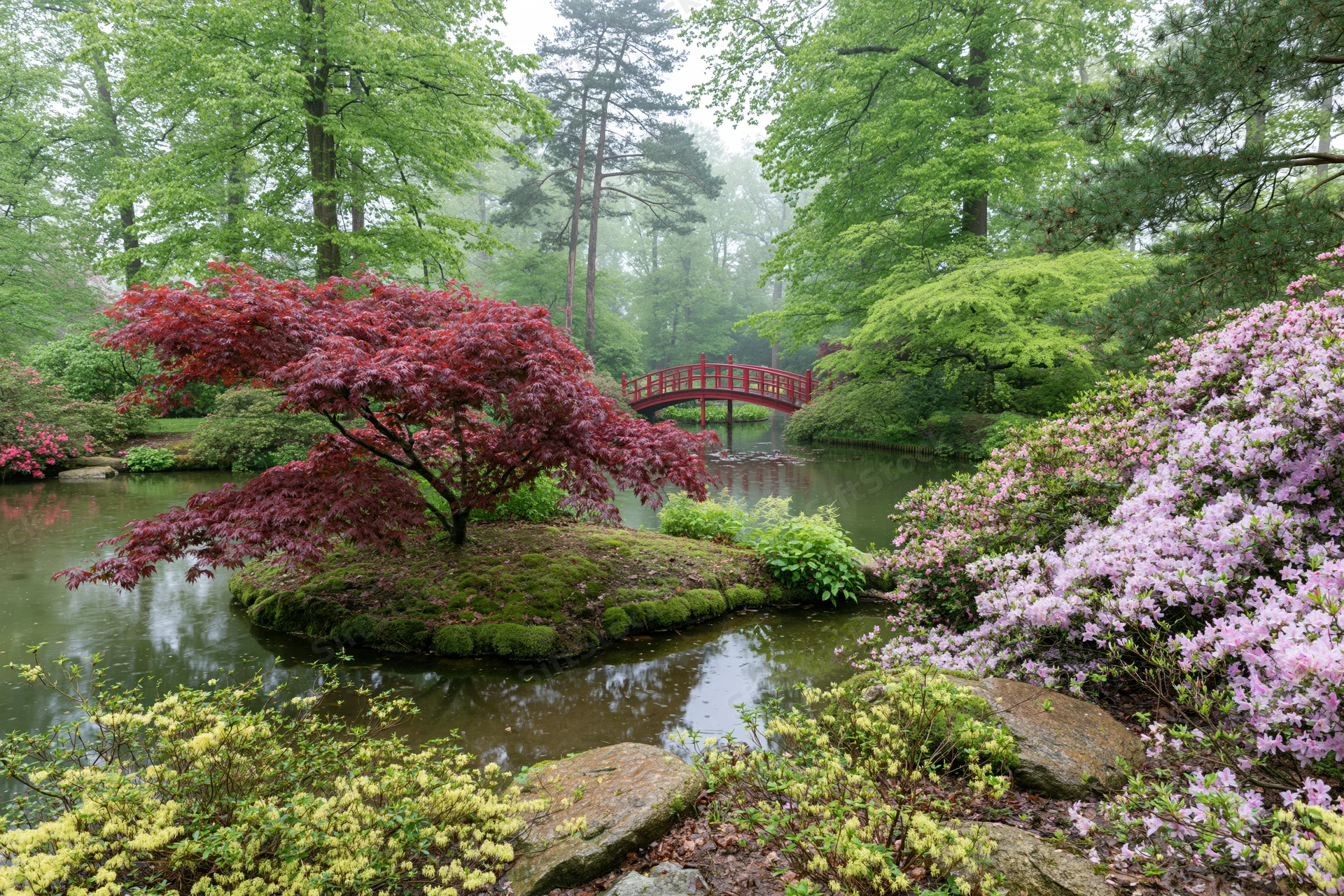Japanese garden in spring with blooming azaleas, red maple on mossy island, and red bridge over pond