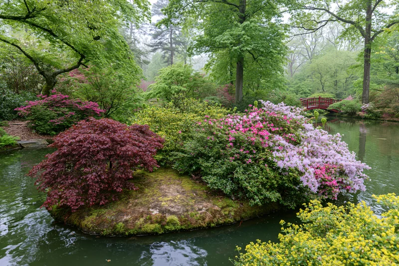 Moss-covered island in a Japanese garden surrounded by blooming azaleas and a calm pond with a red bridge in the background
