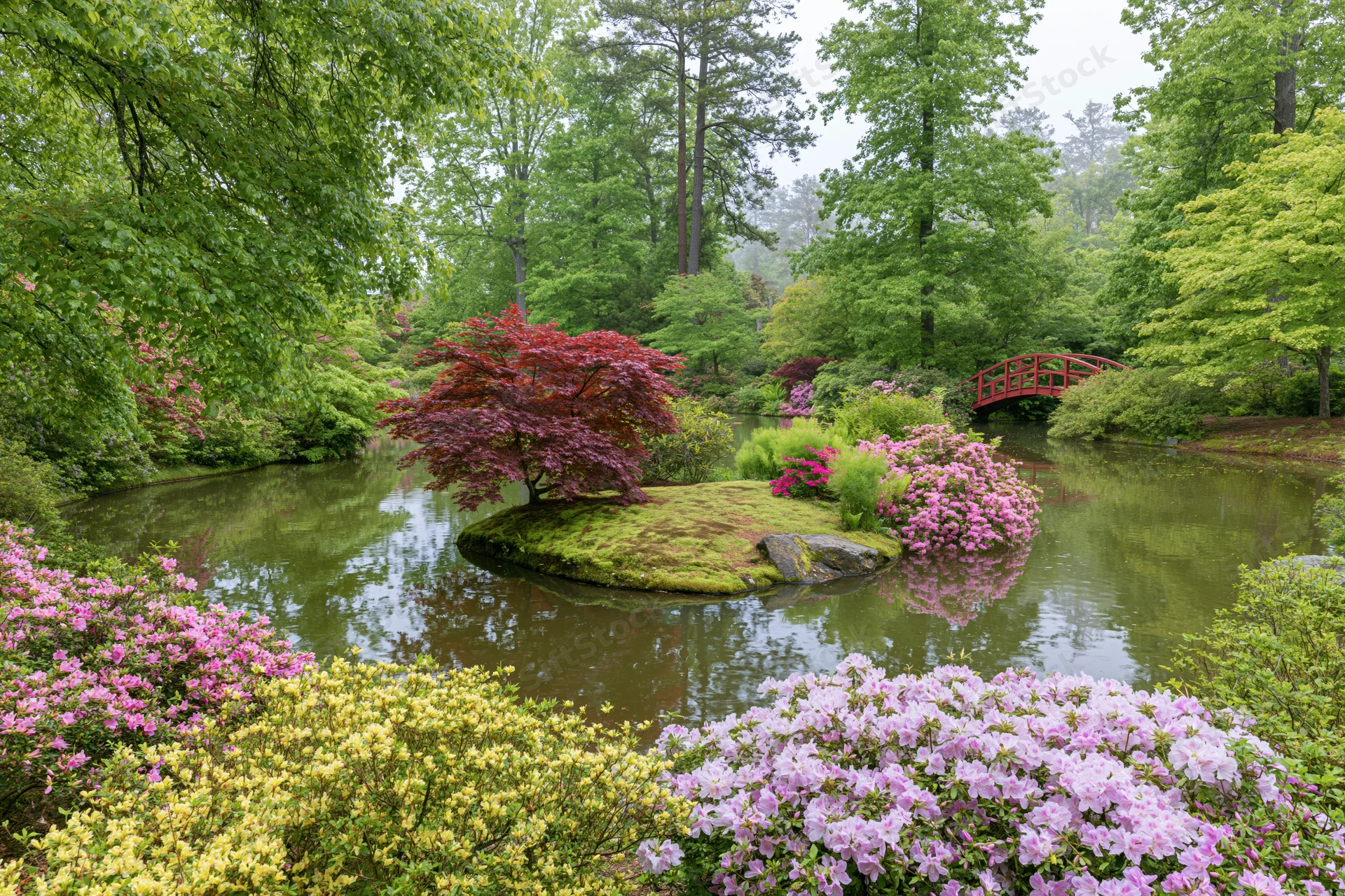 Japanese garden in spring bloom with moss-covered island in pond surrounded by flowering azaleas and trees