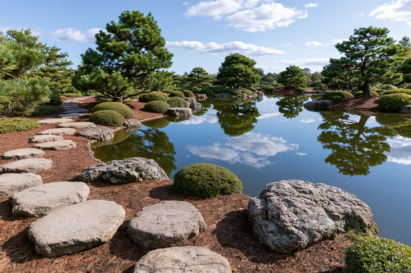 Stepping stones lead across a calm koi pond reflecting clouds and trees in a traditional japanese garden