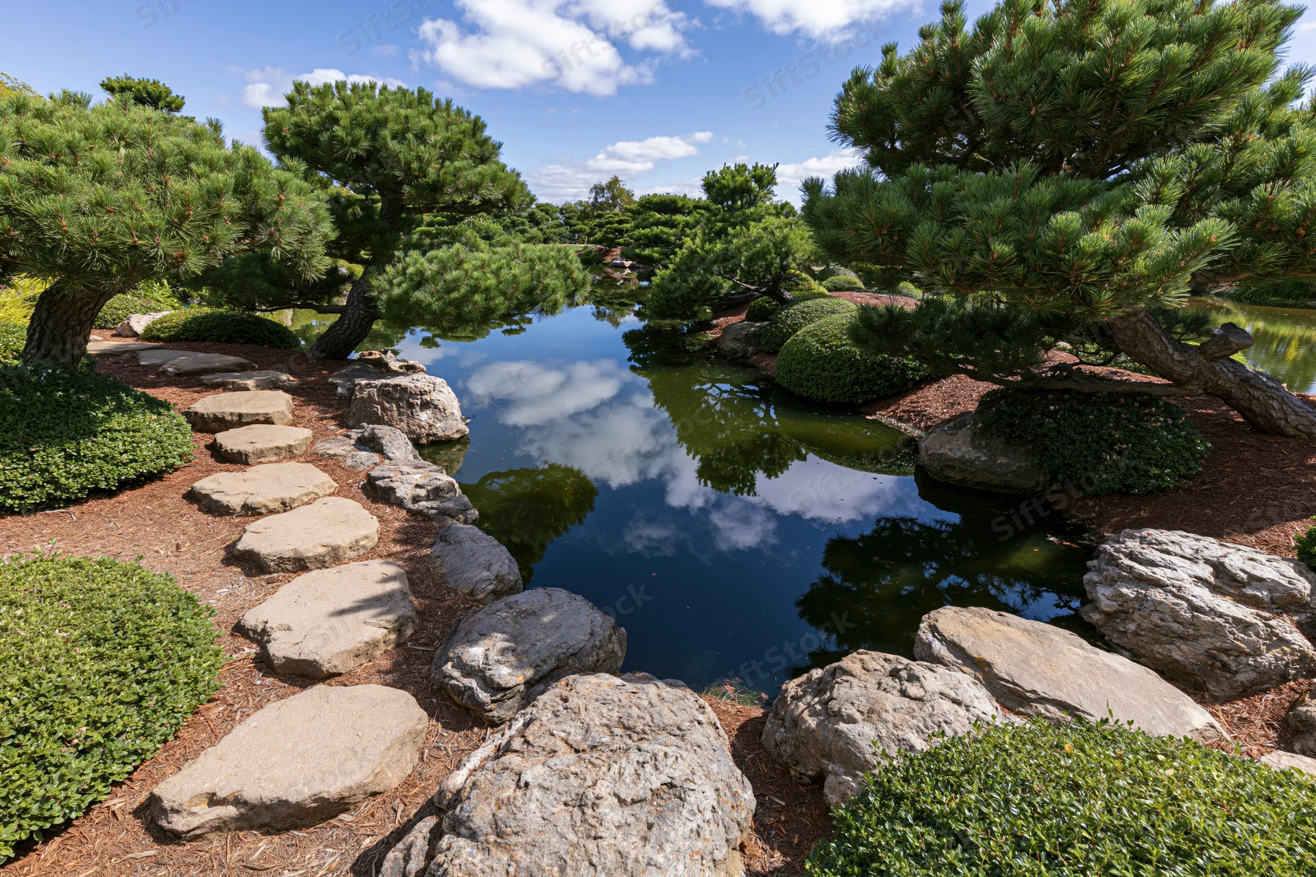 Japanese garden with calm koi pond reflecting clouds and sky among pine trees and stone path