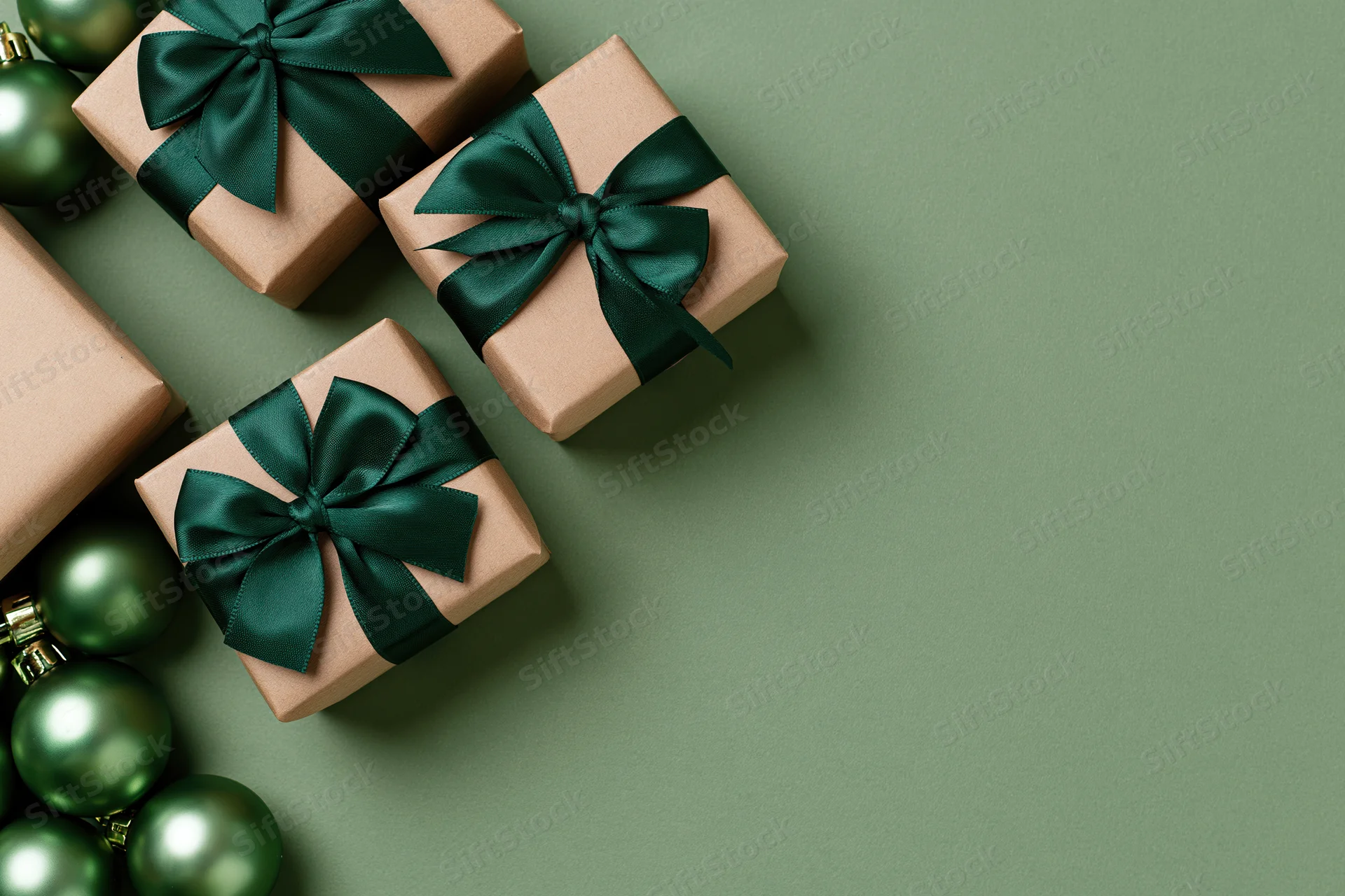 Gift boxes wrapped in kraft paper with dark green satin ribbons and ornaments on a green surface