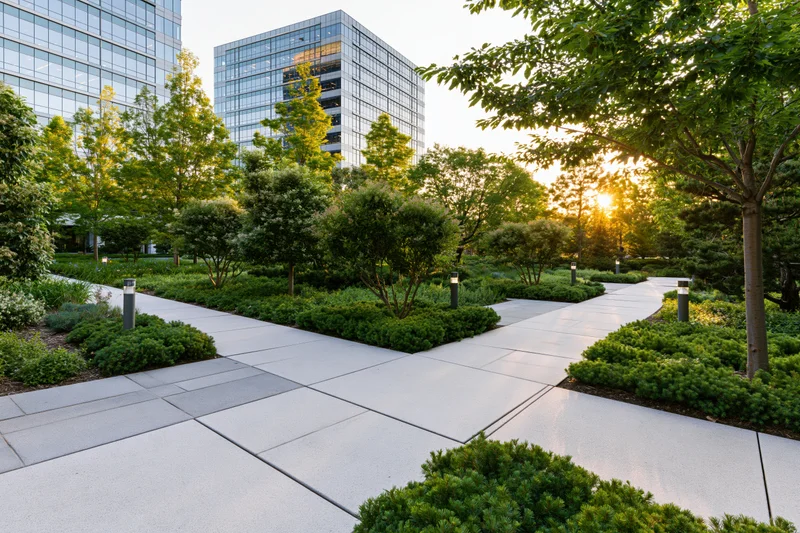 Landscaped courtyard with concrete walkway and greenery surrounded by modern office buildings at sunset