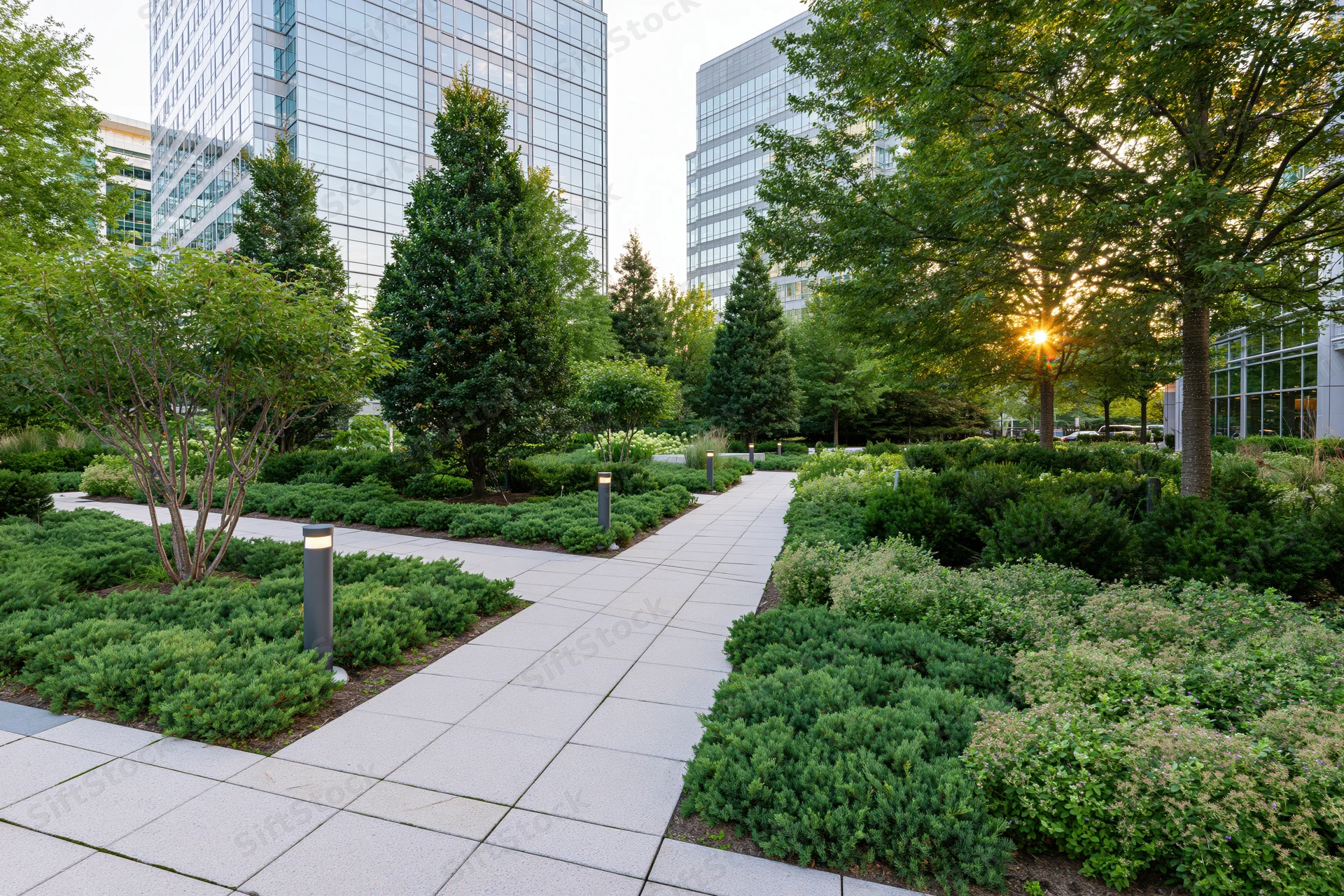 Landscaped courtyard with concrete walkway and greenery surrounded by modern office buildings at sunset