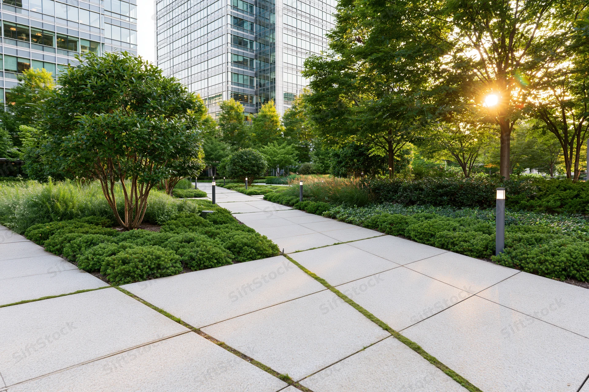 Landscaped courtyard with concrete walkway and greenery surrounded by modern office buildings at sunrise