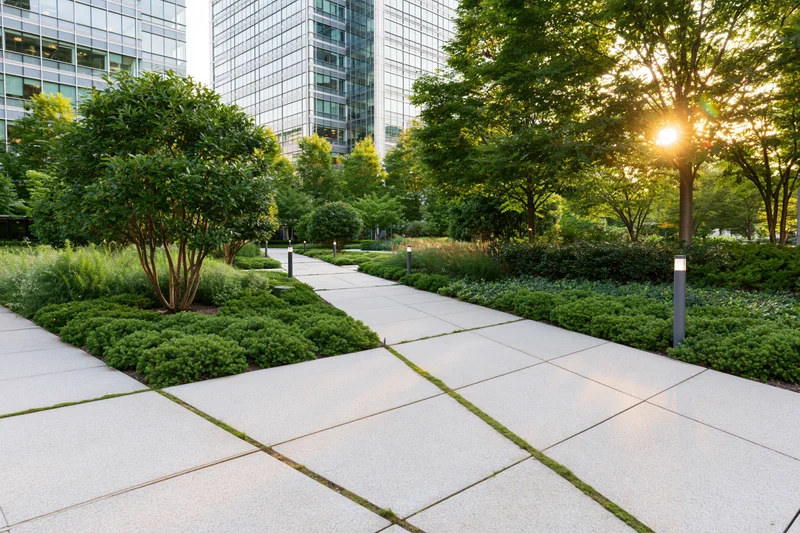 Landscaped courtyard with concrete walkway and greenery surrounded by modern office buildings at sunrise