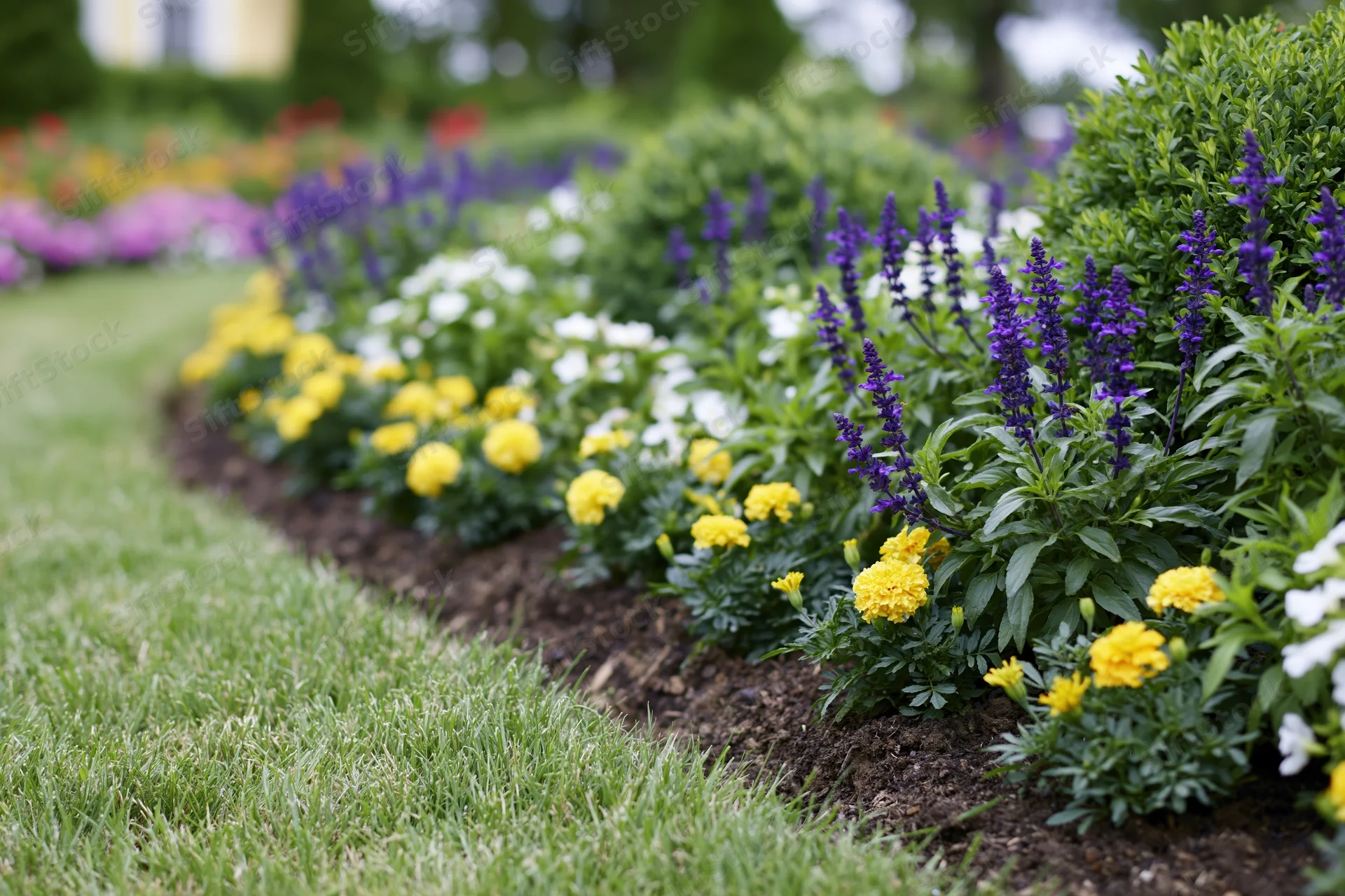 Curved flowerbed with yellow marigolds and purple salvia along a green lawn edge
