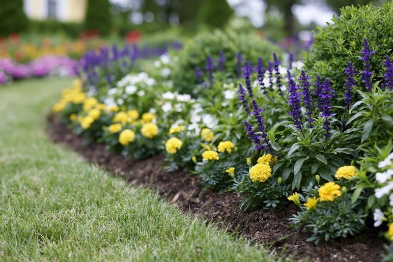 Curved flowerbed with yellow marigolds and purple salvia along a green lawn edge