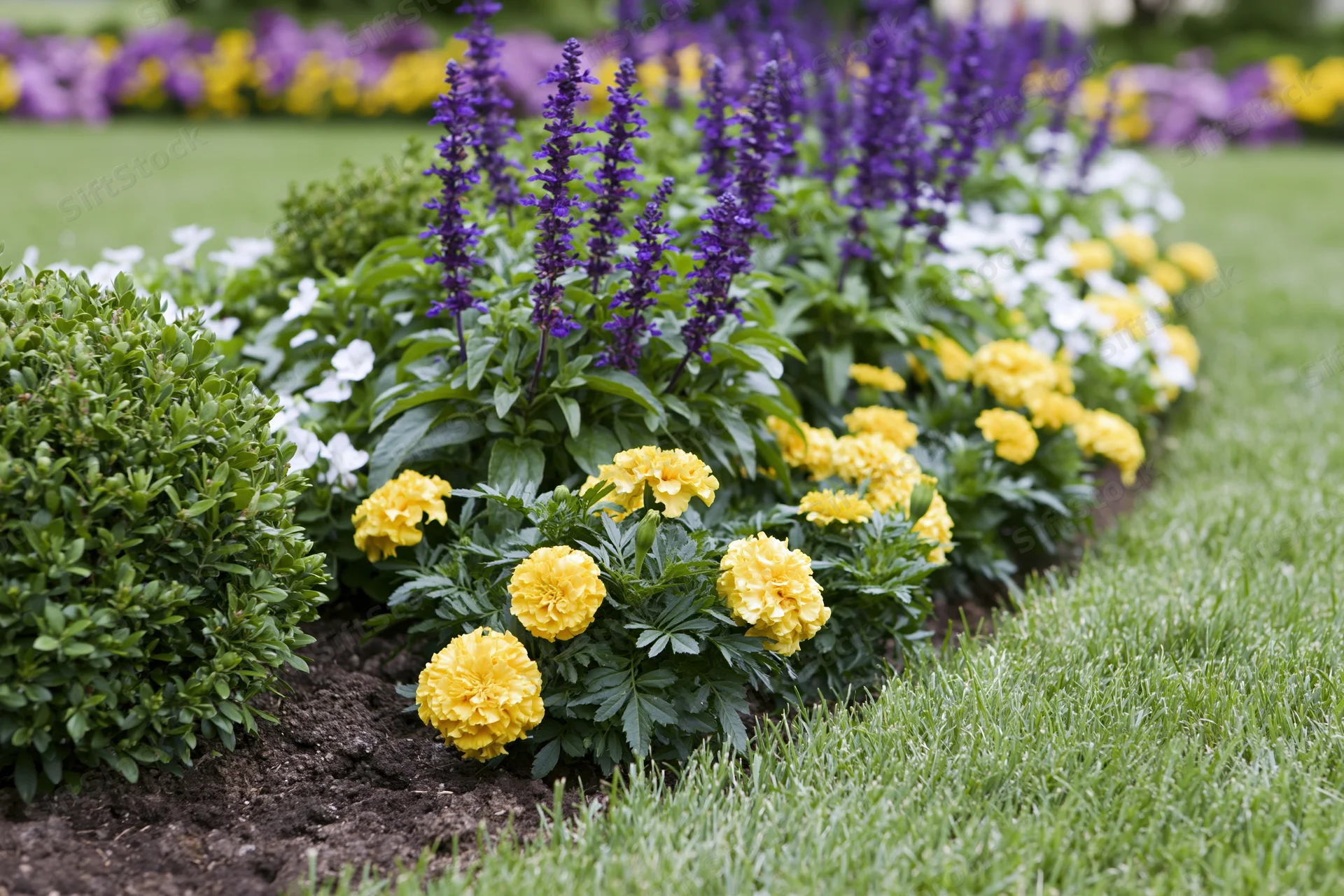 A landscaped garden flower bed with yellow marigolds and purple salvia along a green lawn border