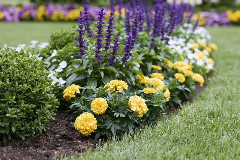A landscaped garden flower bed with yellow marigolds and purple salvia along a green lawn border