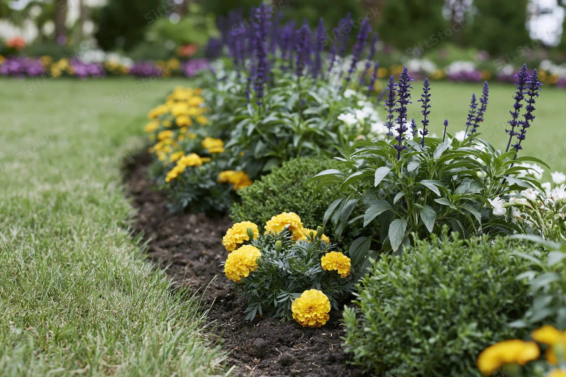 A landscaped garden flower bed with yellow marigolds and purple salvia planted along a grass border
