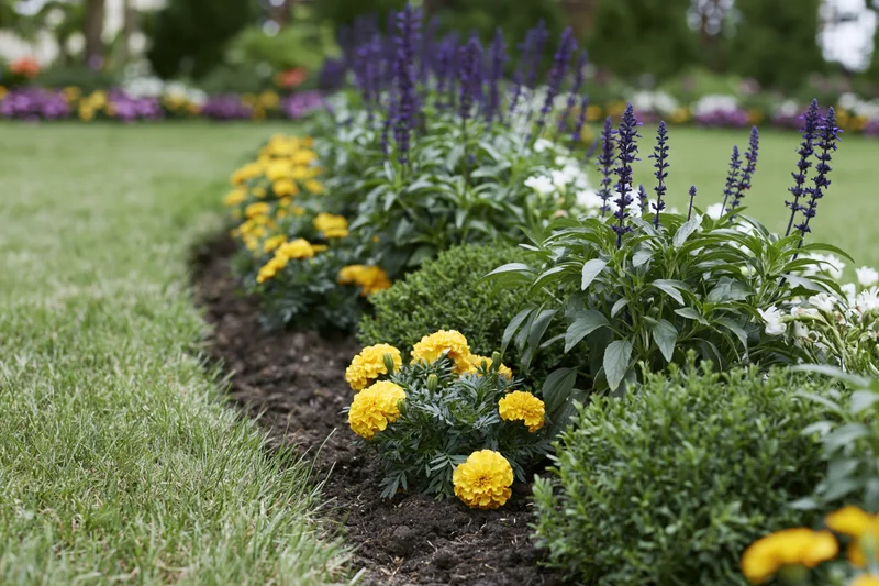 A landscaped garden flower bed with yellow marigolds and purple salvia planted along a grass border